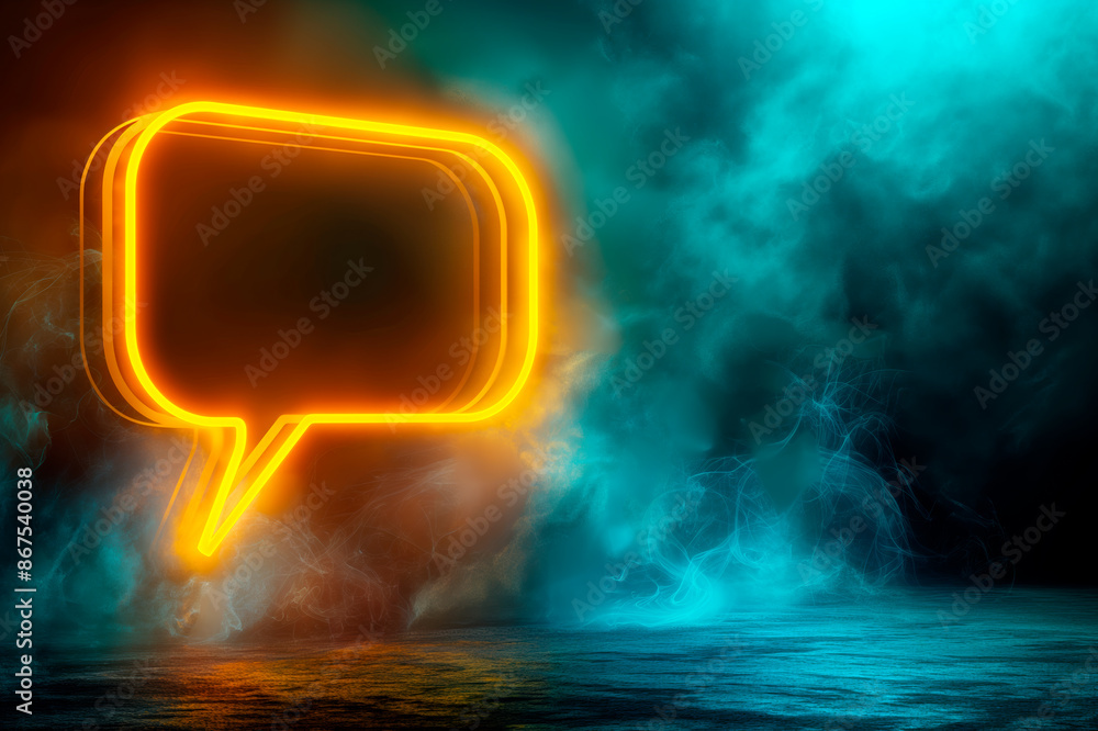 Poster a glowing neon speech bubble on a mysterious smokey background, concept of communication. generative