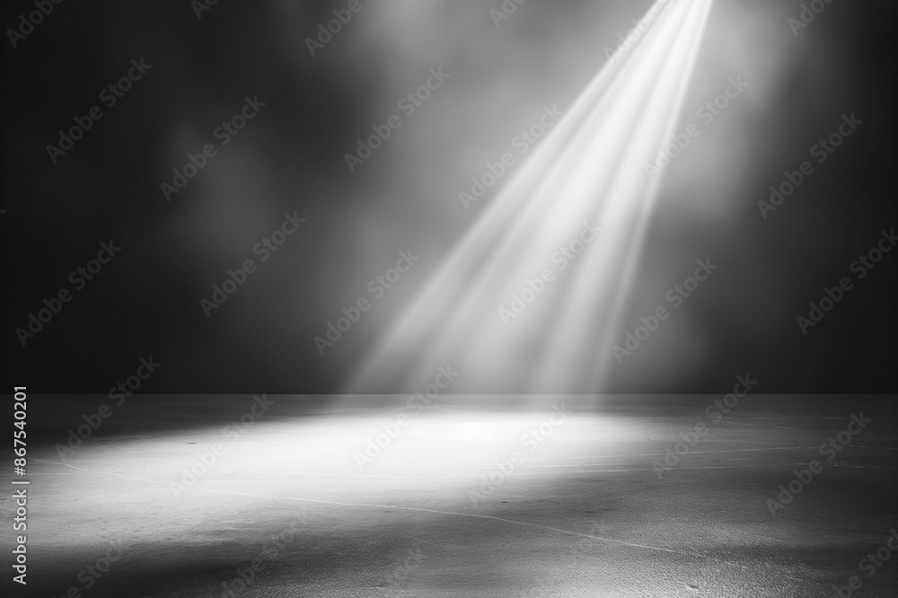 Poster A spotlight illuminating a textured surface, showing contrast between light and shadow, symbolizing focus or revelation on a dark background. Generative AI