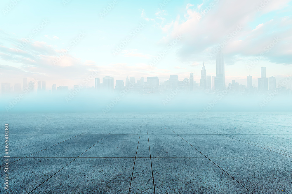 Poster empty urban concrete platform with a foggy cityscape in the background, light and airy design concep