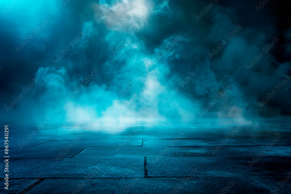 Poster smoke swirling over a dark tiled surface, with a mysterious blue light illuminating from above. gene
