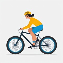 Obraz premium Woman in a yellow and blue jersey riding a bike with a safety helmet on. Flat color illustration.