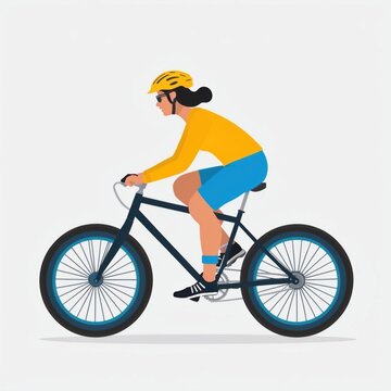 recommend clip art: Woman in a yellow and blue jersey riding a bike with a safety helmet on. Flat color illustration.