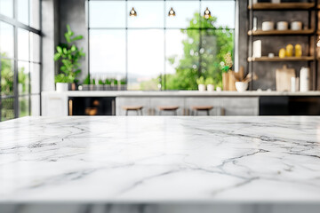 Modern kitchen with marble countertop and blurred background, concept of clean design. Generative AI