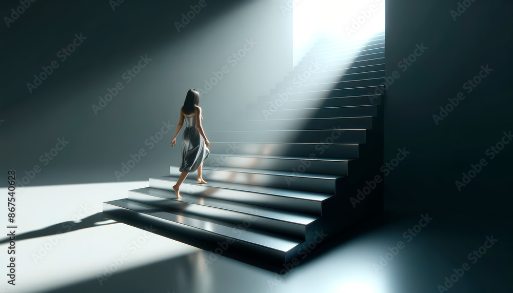 Poster A person climbing a staircase towards a light source, set against a minimalistic background, symbolizing progress or enlightenment. Generative AI