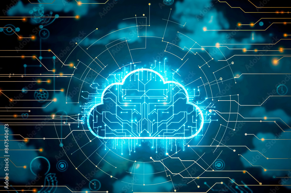 Aufkleber A digital illustration of a glowing cloud-shaped brain icon on a circuitry background, symbolizing cloud computing and AI technology. Generative AI