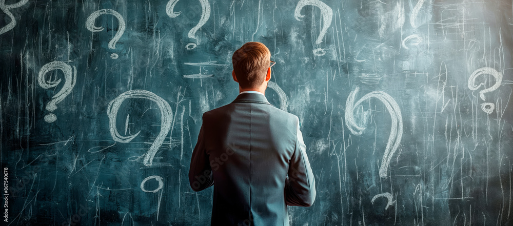 Poster A man in a suit in front of a chalkboard filled with question marks, contemplating a problem. Generative AI