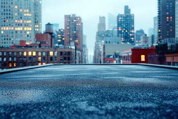 Obraz premium An empty urban road with a blurred cityscape at dusk against building lights, conveying an urban backdrop concept. Generative AI