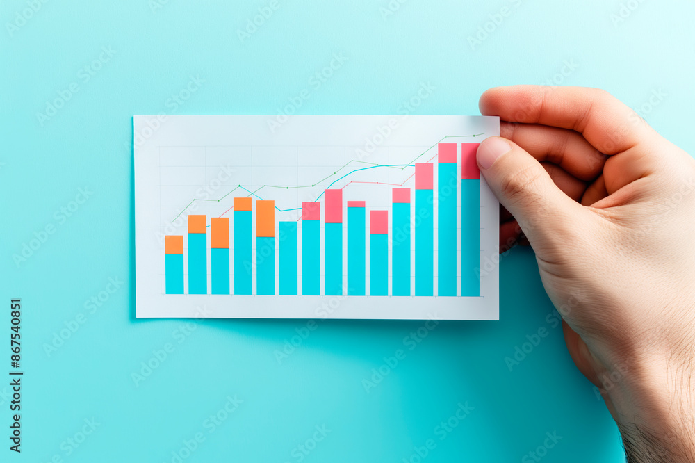 Poster hand holding a bar graph printout against a blue background, illustrating a concept of data analysis