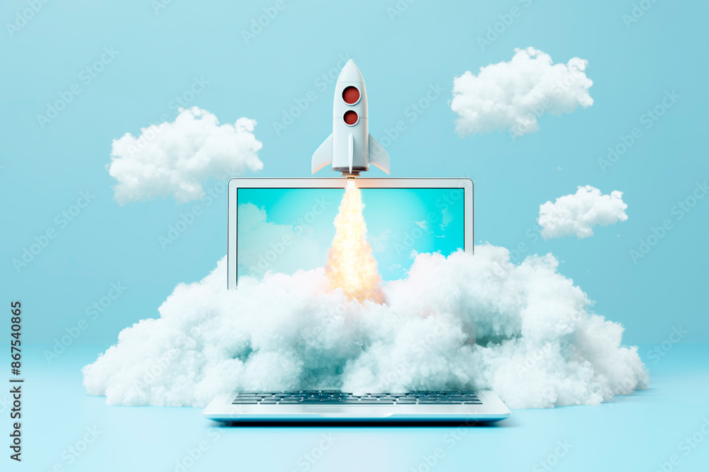 Poster a laptop with a rocket launching from the screen surrounded by clouds, set against a blue background