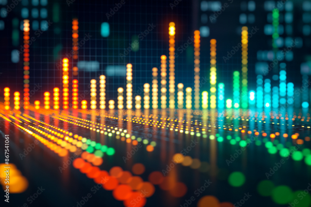 Poster Abstract glowing financial graph on a dark blue background, symbolizing market analysis or data visualization. Generative AI