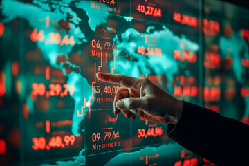 A hand touching a digital screen with financial data graphs, global map background, business concept. Generative AI