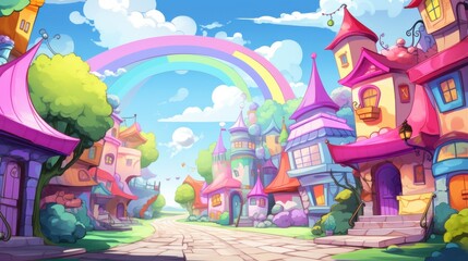 Obraz premium Whimsical cartoon village with a rainbow. Illustration for children's books, fantasy games, animation, or magical backgrounds