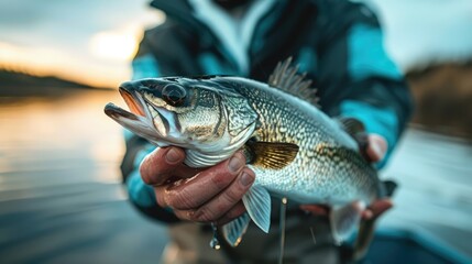 Obraz premium Fisherman holding a freshly caught fish, showing the excitement and success of a fishing trip, with a close-up view of the catch