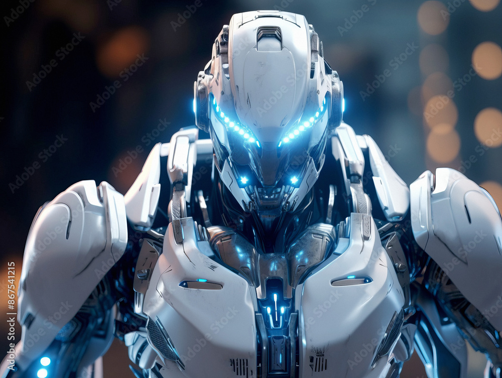 Poster A detailed robotic figure with blue lighting on a bokeh background, showcasing a concept of advanced technology. Generative AI