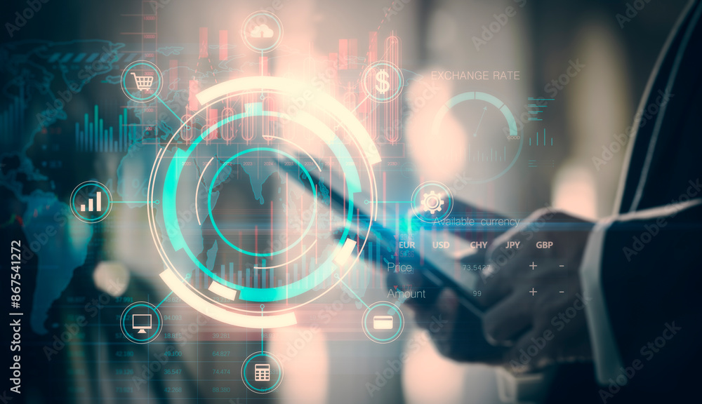 Poster businessman interacting with futuristic graphical user interface, concept of finance and technology,