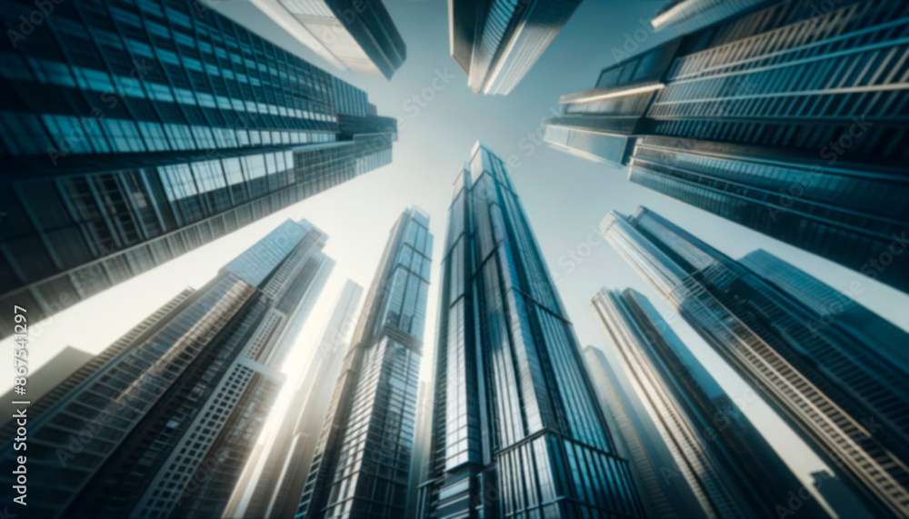 Poster a worm's-eye view of towering skyscrapers against a clear sky, with a soft focus on futuristic urban