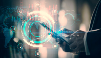 Businessman interacting with futuristic graphical user interface, concept of finance and technology, blue tones. Generative AI