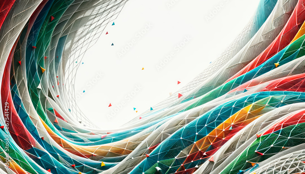 Poster dynamic waves with geometric shapes on white background, illustrating creativity and flow concept. g