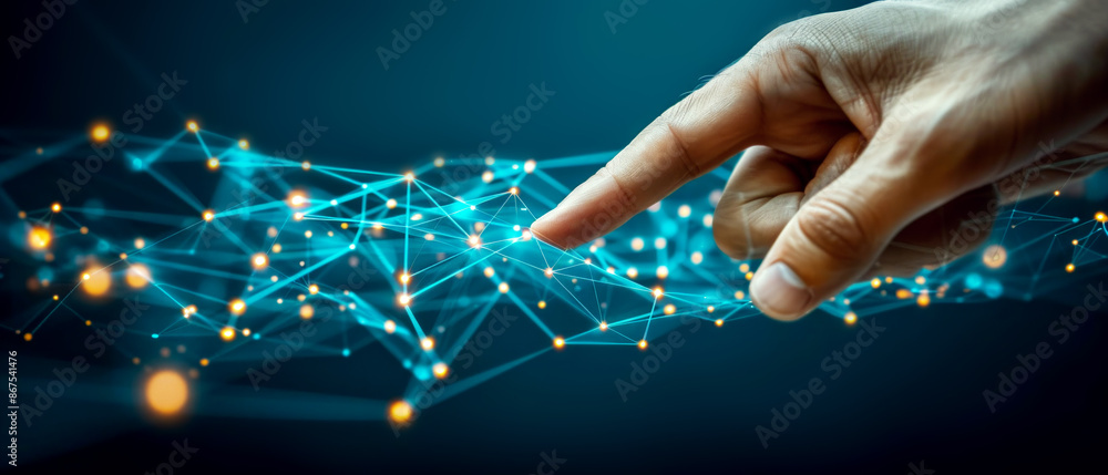 Poster a human hand interacting with a futuristic network of points and lines, on a dark blue background, c