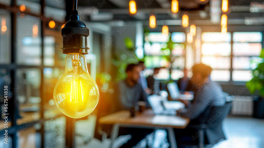 Poster Close-up of a glowing light bulb in a modern workspace with people in the blurry background, representing a concept of creativity and ideas. Generative AI