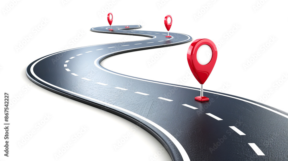 Poster A winding road with three red location markers against a white backdrop, illustrating navigation concept. Generative AI