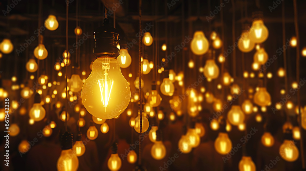 Poster a multitude of glowing light bulbs against a dark background, with a focus on one bulb, embodying a 