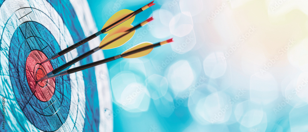 Aufkleber arrows in the center of a target with a bokeh blue background, concept of success and precision. gen