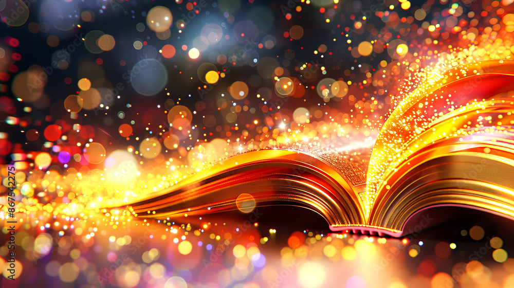 Poster An open book with glowing pages and colorful bokeh effects on a dark background, concept of magical storytelling. Generative AI