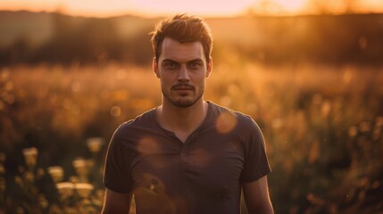 Obraz premium Contemplative Man in Field at Sunset