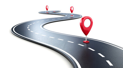 A winding road with three red location markers against a white backdrop, illustrating navigation concept. Generative AI