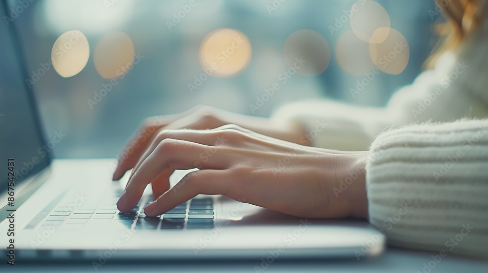 Poster Close-up of hands typing on a laptop keyboard, with a blurry bokeh background suggesting productivity. Generative AI