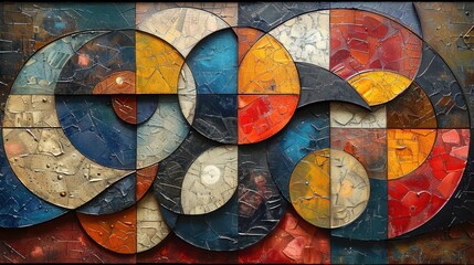 Vibrant abstract geometric artwork with overlapping circles and textured patterns in blues, oranges, reds, and neutral tones.