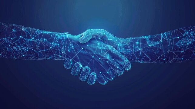 Futuristic business partnership concept. Abstract digital handshake with two hands formed by lines, dots, and geometric shapes on a blue tech background, symbolizing connectivity and teamwork