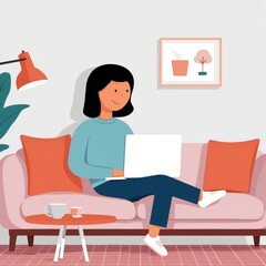 Woman with laptop sitting on a couch, in a cozy living room. 2D flat color illustration.