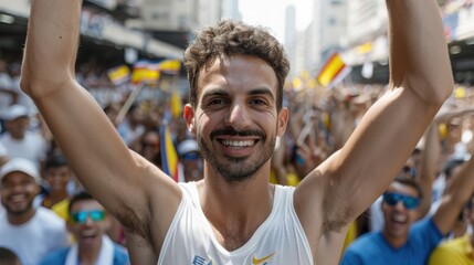 A man is smiling and holding up a flag