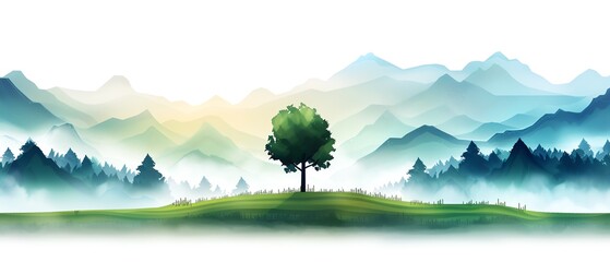 Fototapeta premium Serene landscape featuring a solitary tree on a grassy hill with misty, blue mountains in the background under a soft, glowing sky.