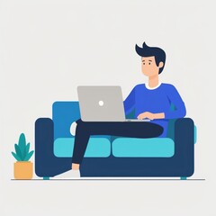 Person with laptop sitting on a couch, in a cozy living room. 2D flat color illustration.