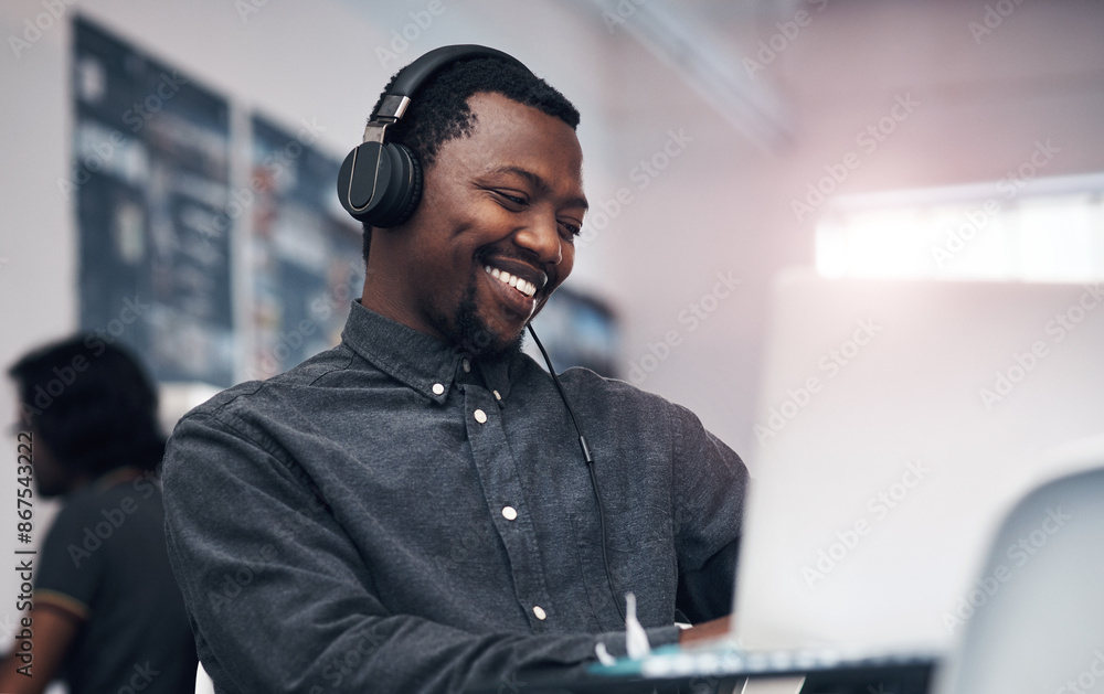Poster headphones, laptop and black man in office with smile for listening to music, podcast or radio onlin