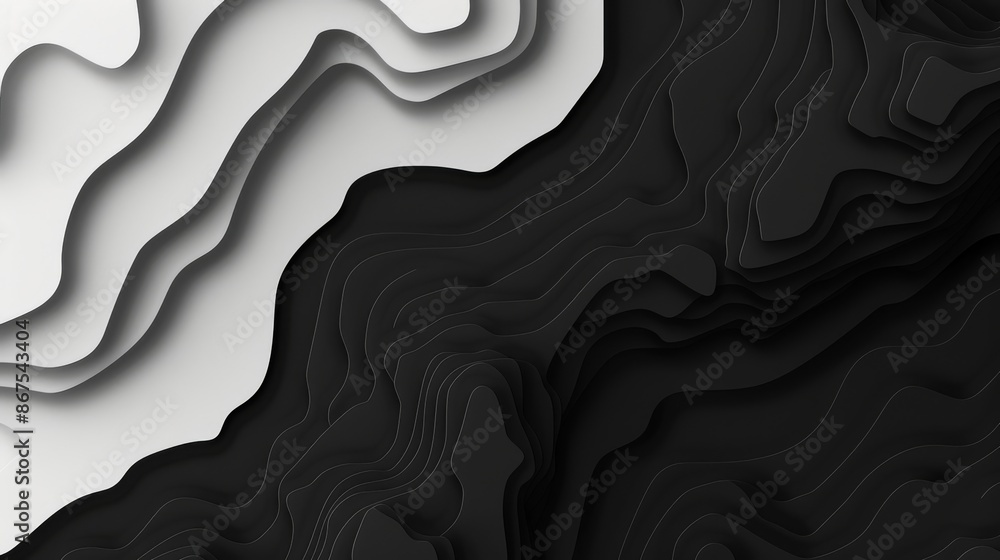 Poster Monochrome abstract 3D layered paper art creating a wavy and textured visual effect in black and white.