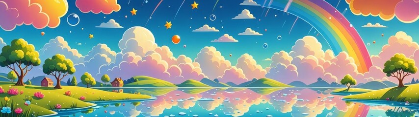 Cartoon illustration of a happy sun, fluffy clouds, and rainbow over a serene lake with flowers and trees.