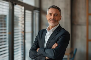 Smiling Businessman in Suit, Posing in Office Environment