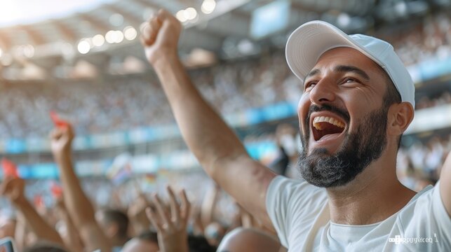 A man is smiling and waving at the camera in a stadium full of people