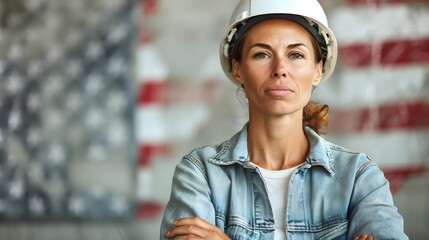 Confident female construction worker in front of a blurred American flag background, symbolizing strength, pride, and patriotism.