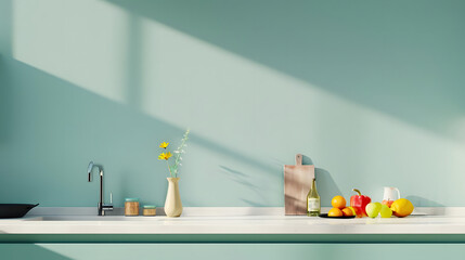 Minimalist kitchen with fruits and vegetables on counter, modern design, teal wall, and sunlight streaming through a window.