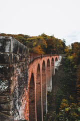 Historischer Backsteinviadukt im herbstlichen Wald aus Nahperspektive
