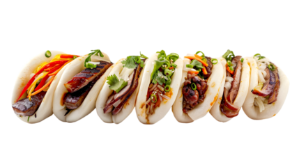  A collection of pork, chicken, and veggie bao buns arranged in an appealing manner on a transparent background 