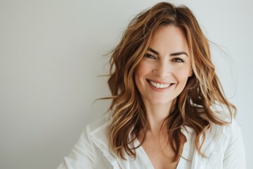 Smiling Woman with Long Brown Hair and White Blouse