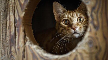Fototapeta premium A cat peeking curiously through a hole concept of curiosity or observation with space for text