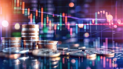 Fototapeta premium A stack of coins with backdrop of digital stock market charts symbolizing financial growth and investment strategy