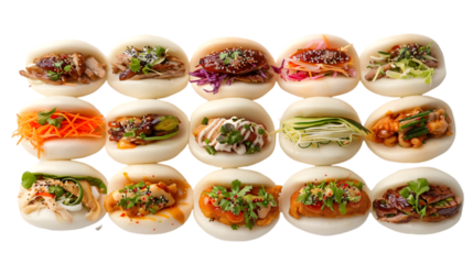  A collection of pork, chicken, and veggie bao buns arranged in an appealing manner on a transparent background 